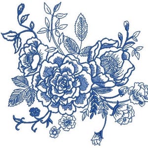 Blauwe bloemenborduurwerk - machineborduurbestand - ontwerp 8 x 8 inch borduurring - chinoiserieborduurontwerp