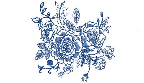 Blue Floral Embroidery - Machine Embroidery File - design 8x8 inch hoop - Chinoiserie Embroidery Design