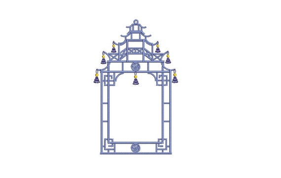 Chinoiserie Chic Monogram Temple Tassel Pagoda Frame Machine Embroidery File design 5x7 hoop