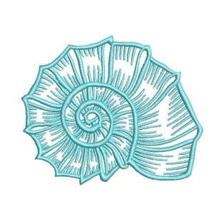 May include: A light blue machine embroidery design of a spiral seashell. The pattern features intricate, raised stitching that outlines the shell's natural ridges and curves, creating a textured, detailed representation of a marine mollusk shell.