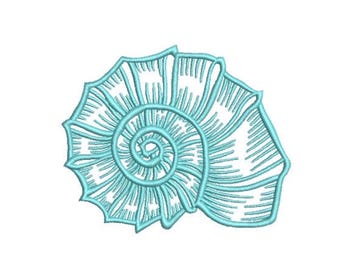 May include: A light blue machine embroidery design of a spiral seashell. The pattern features intricate, raised stitching that outlines the shell's natural ridges and curves, creating a textured, detailed representation of a marine mollusk shell.