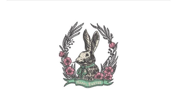 Vintage Happy Easter Bunny  - Machine Embroidery File design 4 x 4 inch hoop - Easter Embroidery Design