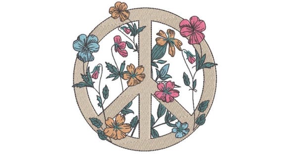 Wildflower Peace Flower Wreath -  Machine Embroidery File design - 6x10 inch hoop -Peace Sign Embroidery Download
