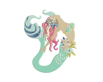 Descarga inmediata de sirena archivo de bordado de máquina de bordado diseño - Boho sirena con flores - diseño - 5 x 7 pulgadas aro-