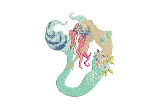 Mermaid Embroidery Design - Bohemian Mermaid With Flowers - Machine Embroidery File design - 5x7 inch hoop - Instant download