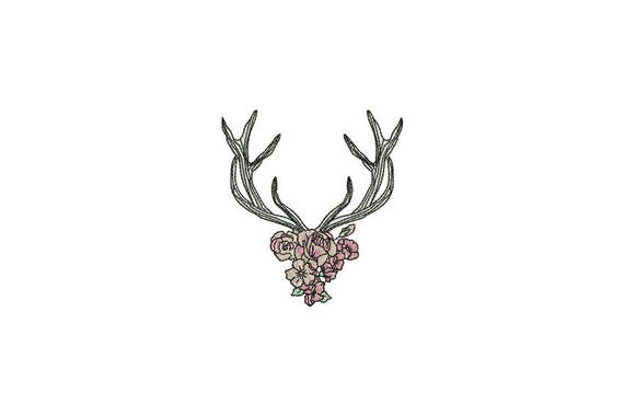 Vintage Antlers Roses Machine Embroidery File design 4x4 inch hoop - instant download