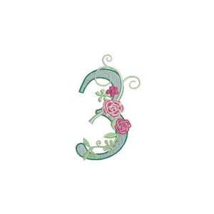 Number 3 - THREE - Rose - Third Birthday-  Machine Embroidery File design - 4x4 hoop - embroidery design - instant download