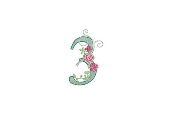 Number 3 - THREE - Rose - Third Birthday-  Machine Embroidery File design - 4x4 hoop - embroidery design - instant download