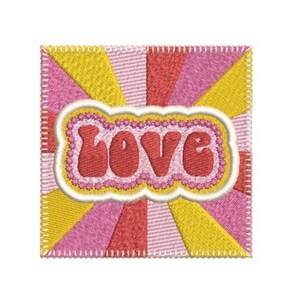 May include: A square embroidered patch featuring a sunburst pattern of yellow, pink, and red radiating segments. Centered is a white-bordered, scalloped-edge shape containing the word LOVE in bold, red, rounded, bubble-style lettering.