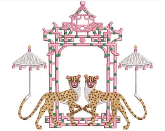 Chinoiserie Embroidery Design - Cheetah Pagoda Embroidery Design - Machine Embroidery File design -  8x8 inch hoop