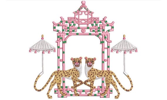 Chinoiserie Embroidery Design - Cheetah Pagoda Embroidery Design - Machine Embroidery File design -  8x8 inch hoop