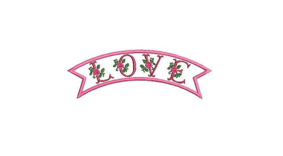 Love Banner Machine Embroidery File - Rose Embroidery Design - Retro Machine Embroidery - 5 x 7 inch hoop