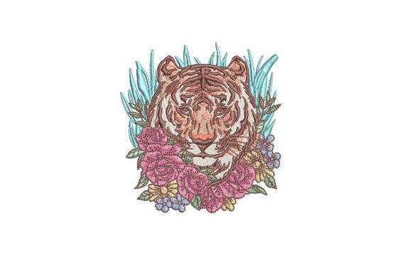 Flora Tiger Embroidery Design - Tiger Face Urban Mordern Machine Embroidery File design - 4x4 inch hoop - instant download