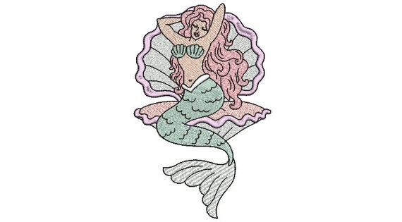 Mermaid Clam embroidery Design - Mermaid Machine Embroidery File design - 5x7inch hoop - Seafoam