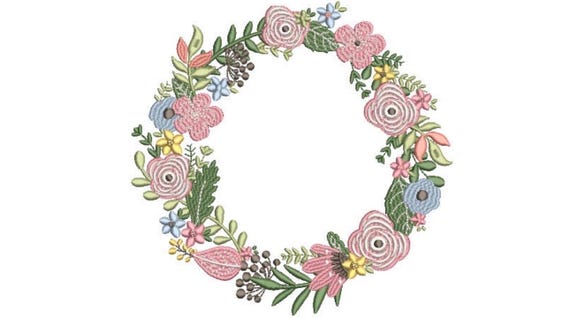Pretty Flower Wreath Embroidery - Machine Embroidery File - design 8x8 inch hoop - Monogram frame