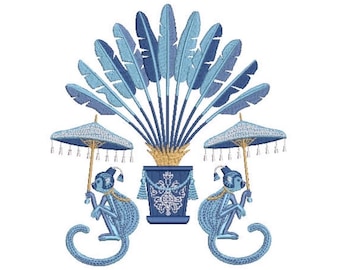 Chinoiserie Monkeys Palm Embroidery Design - Parasol Monkey Pagoda Embroidery Design - Machine Embroidery File design -  8x8 inch hoop