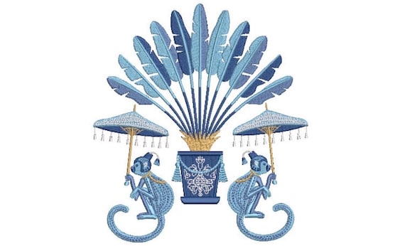 Chinoiserie Monkeys Palm Embroidery Design - Parasol Monkey Pagoda Embroidery Design - Machine Embroidery File design -  8x8 inch hoop
