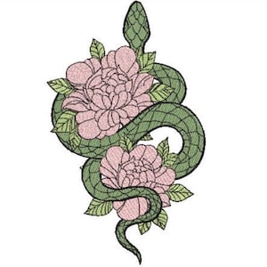 May include: An embroidered patch featuring a green snake with a textured scale pattern coiled around two large, light pink peony flowers with green leaves. The design is rendered in detailed thread work against a plain white background.