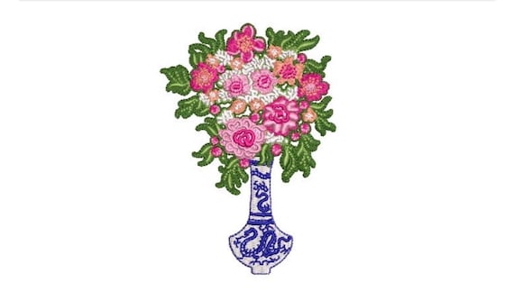 Chinoiserie Vase with Flowers - Machine Embroidery File design - 4x4 hoop - Chinoiserie Chic