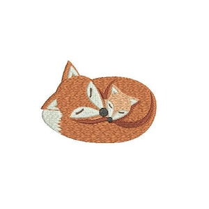 May include: Embroidered design of two foxes curled up together, one larger than the other, in a sleeping position. The foxes are brown with white accents and black eyes.