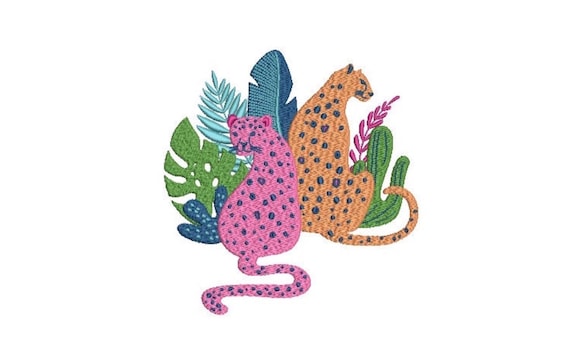 Leopards And Tropical Plants Machine Embroidery File design - 6x10 inch hoop - Leopard Design - instant download