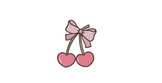 Cherry Hearts Bow Embroidery Design - Machine Embroidery Instant Download File - Cherries Coquette  - 3x3 inches