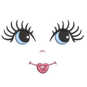 Può includere: Un disegno per ricamo che raffigura un volto stilizzato con due grandi occhi blu, lunghe ciglia nere, una piccola linea curva per il naso e un paio di labbra rosa. I tratti del viso sono delineati con filo nero su sfondo bianco.