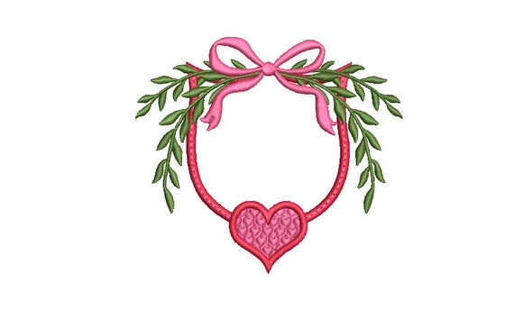 Valentine Bow Laurel Heart Monogram Frame - Machine Embroidery File design -  5x7 inch hoop - Letters Not Included