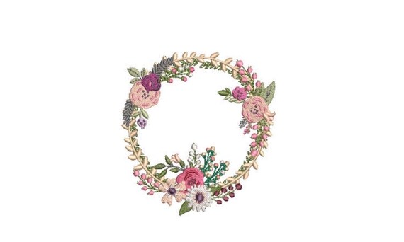 Pink Boho Wildflower Wreath- Machine Embroidery File design - 4x4 inch hoop - monogram Frame - Instant download