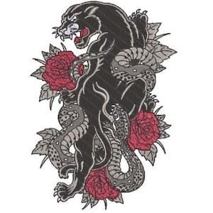 May include: An embroidered patch design featuring a black panther with bared teeth, coiled by a grey patterned snake, surrounded by three red roses with grey leaves. The artwork uses bold black outlines and detailed stitching to define the figures.