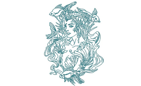 Mermaid Machine Embroidery Design - 5x7 hoop -  instant download - Redwork Mermaid