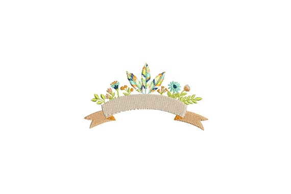 Flowers and Feathers Ribbon Banner Arrangement Machine Embroidery File design 5x7 inch hoop - Instant Download