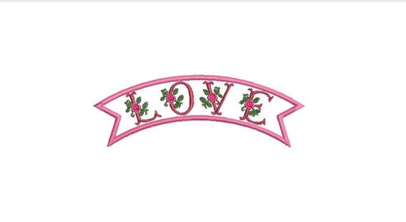 Love Banner Machine Embroidery File - Rose Embroidery Design - Retro Machine Embroidery - 5 x 7 inch hoop