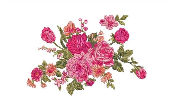 Pink Floral Embroidery -  Rose Machine Embroidery File design - 7 x12 inch hoop - instant download