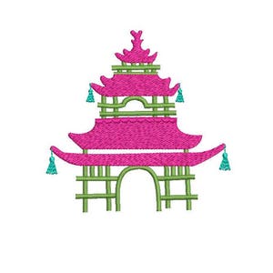 Chinoiserie Chic Monogram Pink Pagoda Machine Embroidery File design 4x4 hoop
