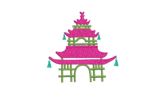 Chinoiserie Chic Monogram Pink Pagoda Machine Embroidery File design 4x4 hoop