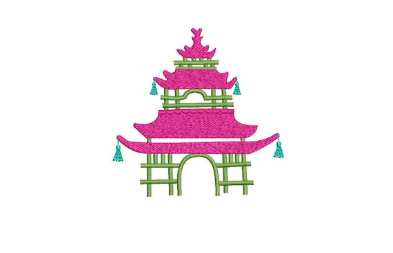 Chinoiserie Chic Monogram Pink Pagoda Machine Embroidery File design 4x4 hoop