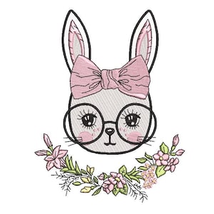 Machine Embroidery - Bunny with Glasses & Bow - Flowers - Embroidery File design - 5x7 inch hoop