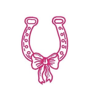 May include: A hot pink embroidered horseshoe design featuring a series of small circular nail holes along the arch and a decorative bow tied at the bottom center. The entire graphic is rendered in a single color thread with a stitched outline.