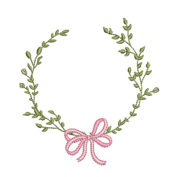 Pink Green Bow Wreath Monogram Frame Machine Embroidery File design 4x4 inch hoop