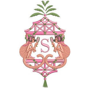 Chinoiserie Embroidery Design - Monkey Pagoda Embroidery Design - Machine Embroidery File design -  8x8 inch hoop