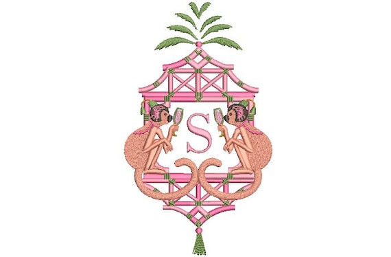 Chinoiserie Embroidery Design - Monkey Pagoda Embroidery Design - Machine Embroidery File design -  8x8 inch hoop