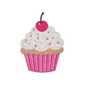 May include: An embroidered cupcake design featuring a tan base, a pink and white striped cupcake liner, white frosting with small pink sprinkles, and a bright pink cherry on top with a black stem, all outlined in a dark thread.