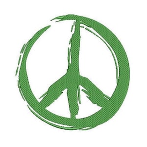 May include: A green peace symbol graphic featuring a textured, brushstroke-style appearance. The design consists of a circular outer ring with a vertical line and two diagonal lines meeting in the center, all rendered in a solid, vibrant green color.