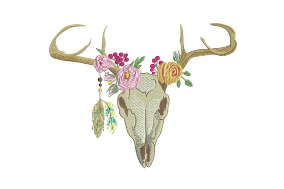 Machine Embroidery Bohemian Deer Skull With Feathers Machine Embroidery File design 8x12 inch hoop