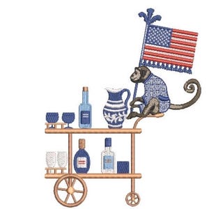 May include: An embroidered design of a two-tiered bar cart with wheels, featuring a monkey wearing a blue patterned shirt and holding an American flag. The cart holds various glassware, a pitcher, and bottles in shades of blue, white, and brown.