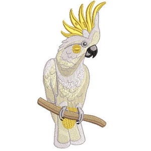 May include: An embroidered patch featuring a white cockatoo with a prominent yellow crest, a yellow cheek patch, and a black beak. The bird is perched on a brown branch, rendered with detailed stitching in shades of white, yellow, and brown.