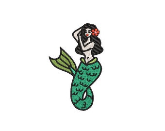 Machine Embroidery Retro Mermaid -Machine Embroidery File design -  4x4 inch hoop - Instant download