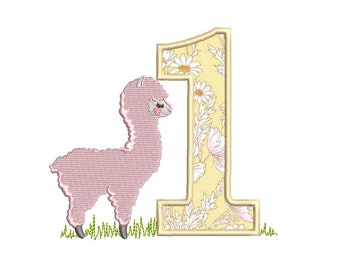 Primer cumpleaños - Número 1 - Llama Machine Embroidery File Appliqué diseño 5x7 pulgadas aro - descarga instantánea