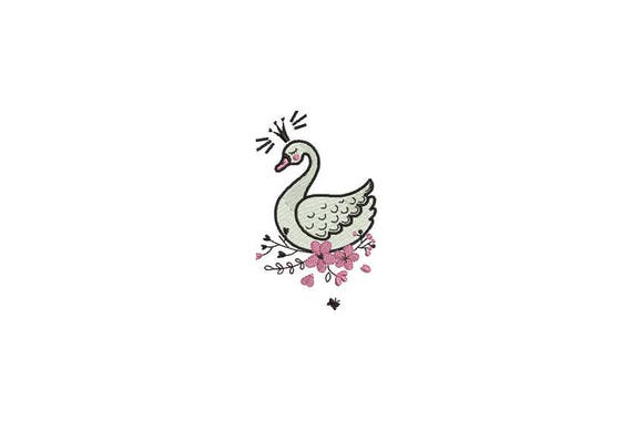Whimsical Swan and flowers Machine Embroidery File design 4x4 hoop